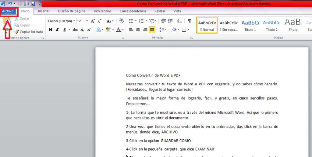 Convertir Word en PDF paso 2